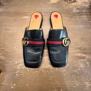 Gucci Black Leather Peyton Square-Toe Mules Size 37.5